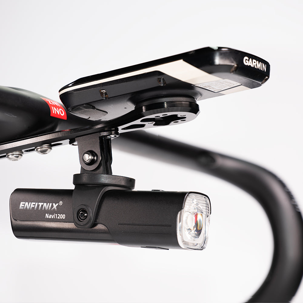 Bicycle handlebar with Enfitnix and Garmin equipment on a white background