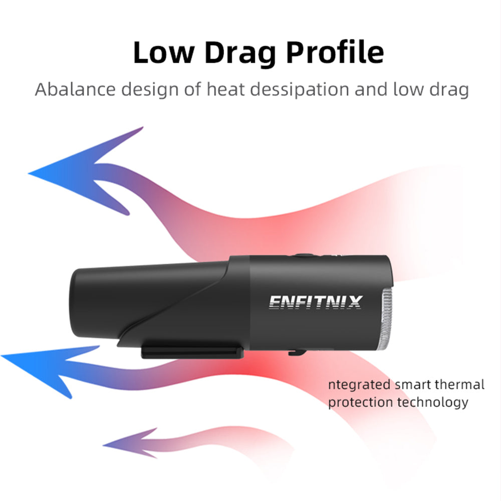 Black device with ENFITNIX branding on a white background, featuring text about low drag profile and smart thermal protection technology.