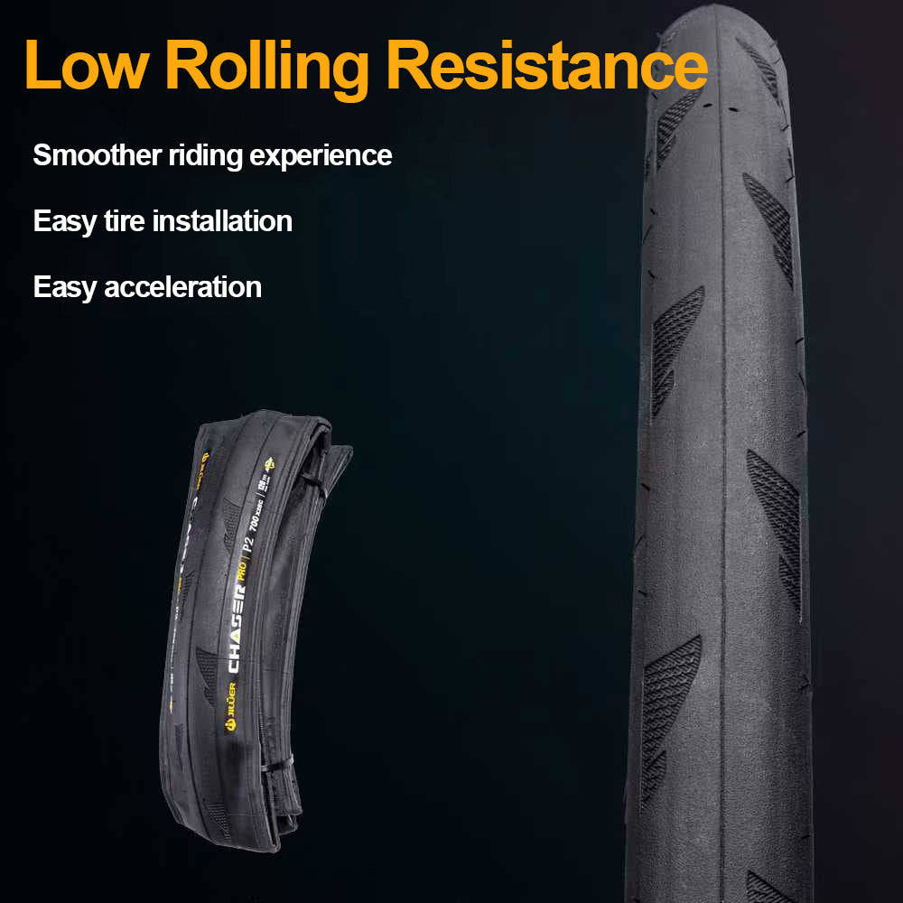 Bicycle tire with text highlighting low rolling resistance features on a dark background