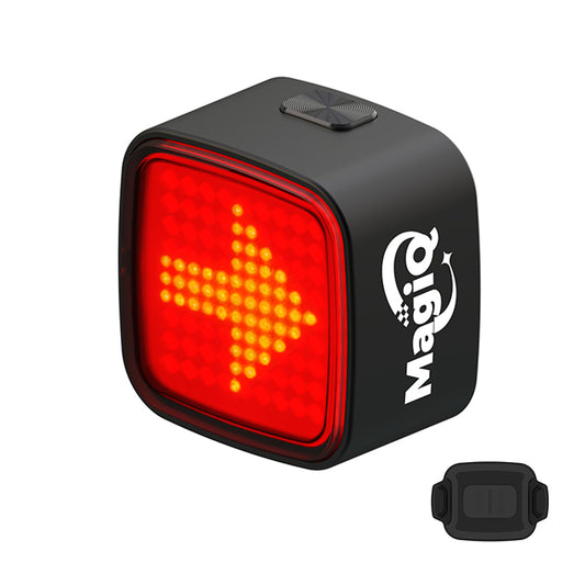 Black bike tail light with red LED display and MagiQ logo on a white background