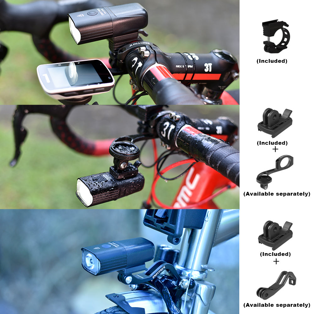 Bicycle lights attached to handlebars with additional attachments shown on the right.
