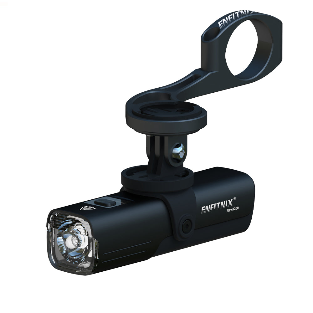 Black bike light with mounting bracket on a white background