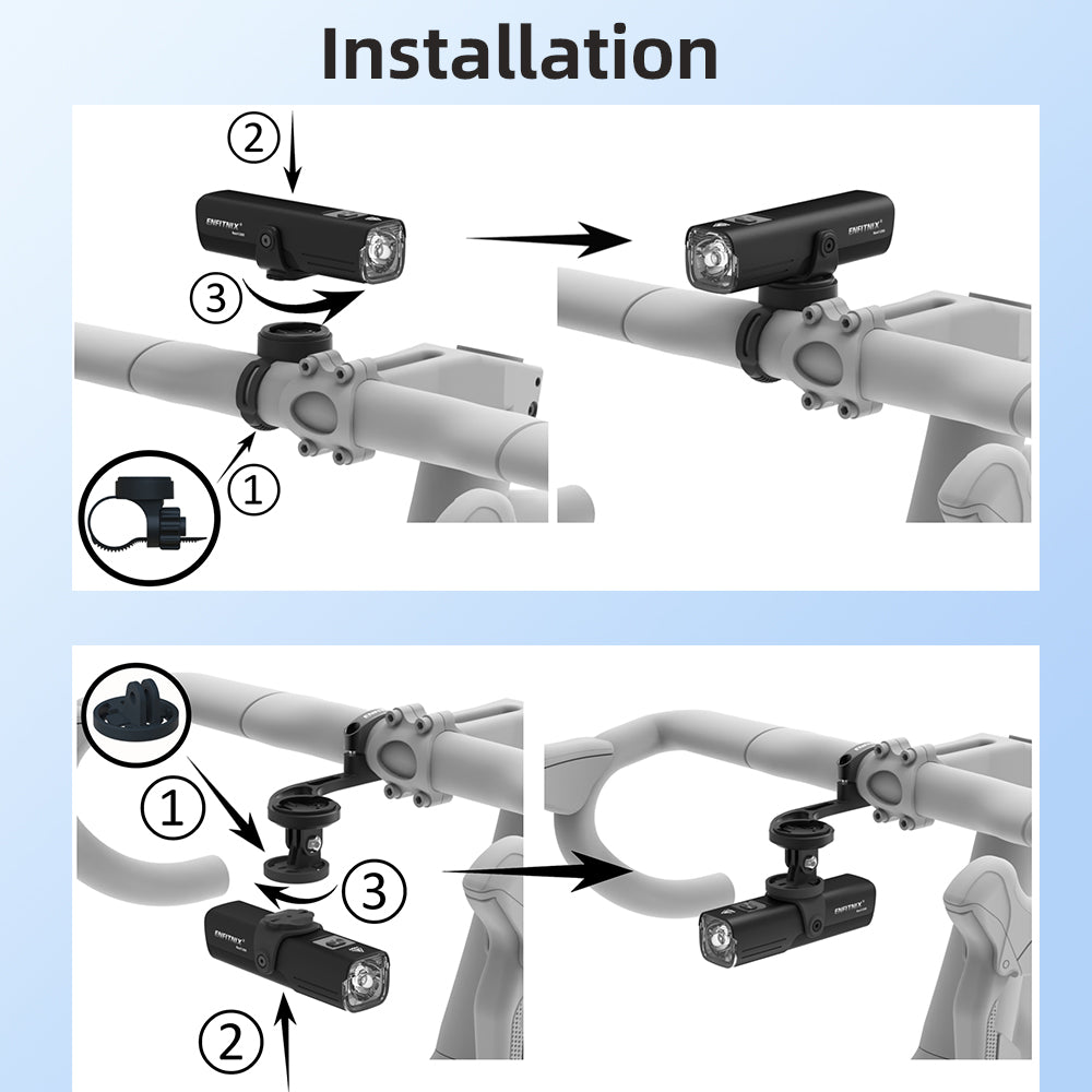 Step-by-step installation guide for a bike light on handlebars with arrows and numbers indicating each step.