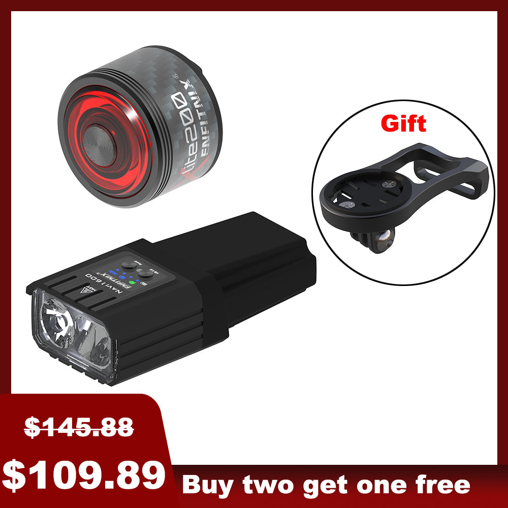 The image shows a set of bike lights with the front light prominently displayed alongside a red tail light in the background. The front light has a black rectangular housing with a white light module, and there's a 'Gift' badge indicated in the top right corner.