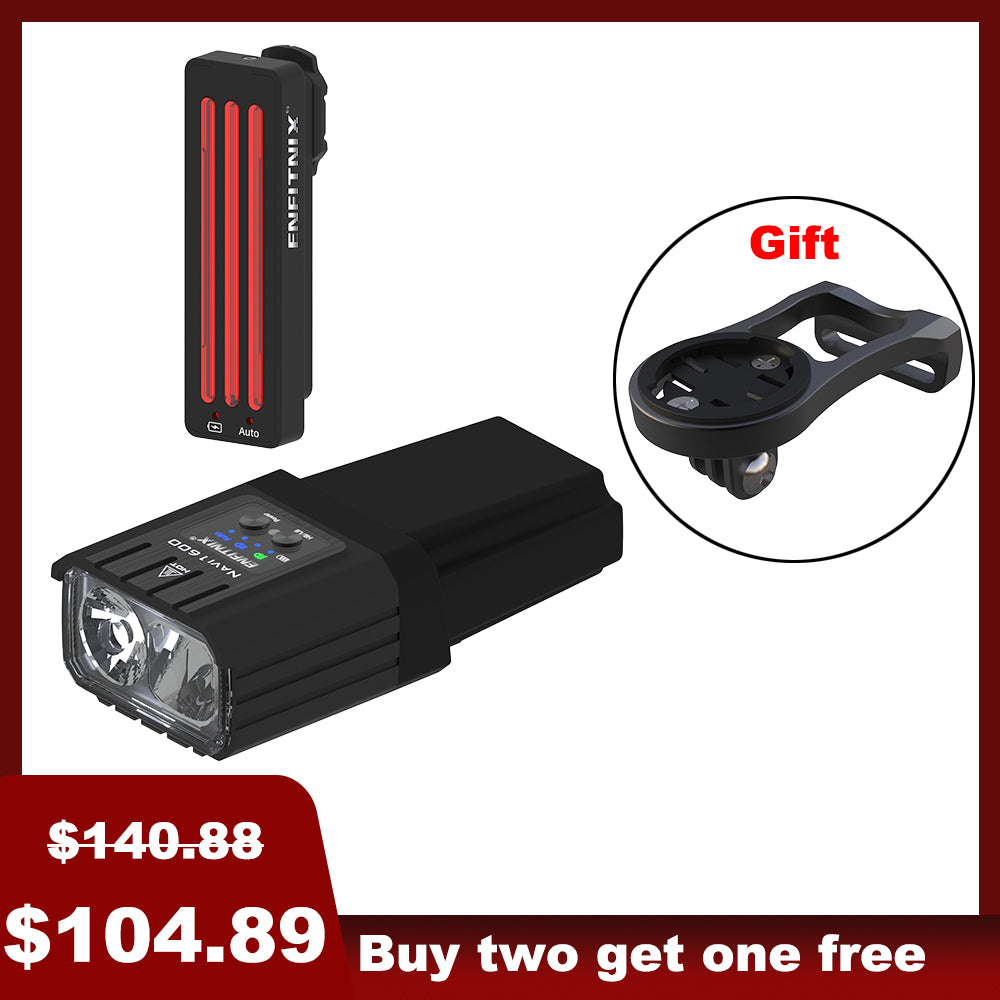 The image shows a set of bike lights with the front light prominently displayed alongside a red tail light in the background. The front light has a black rectangular housing with a white light module, and there's a 'Gift' badge indicated in the top right corner.