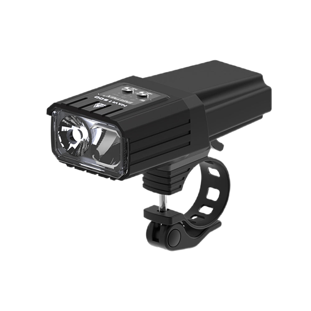 Black bicycle headlight with mounting bracket on a white background