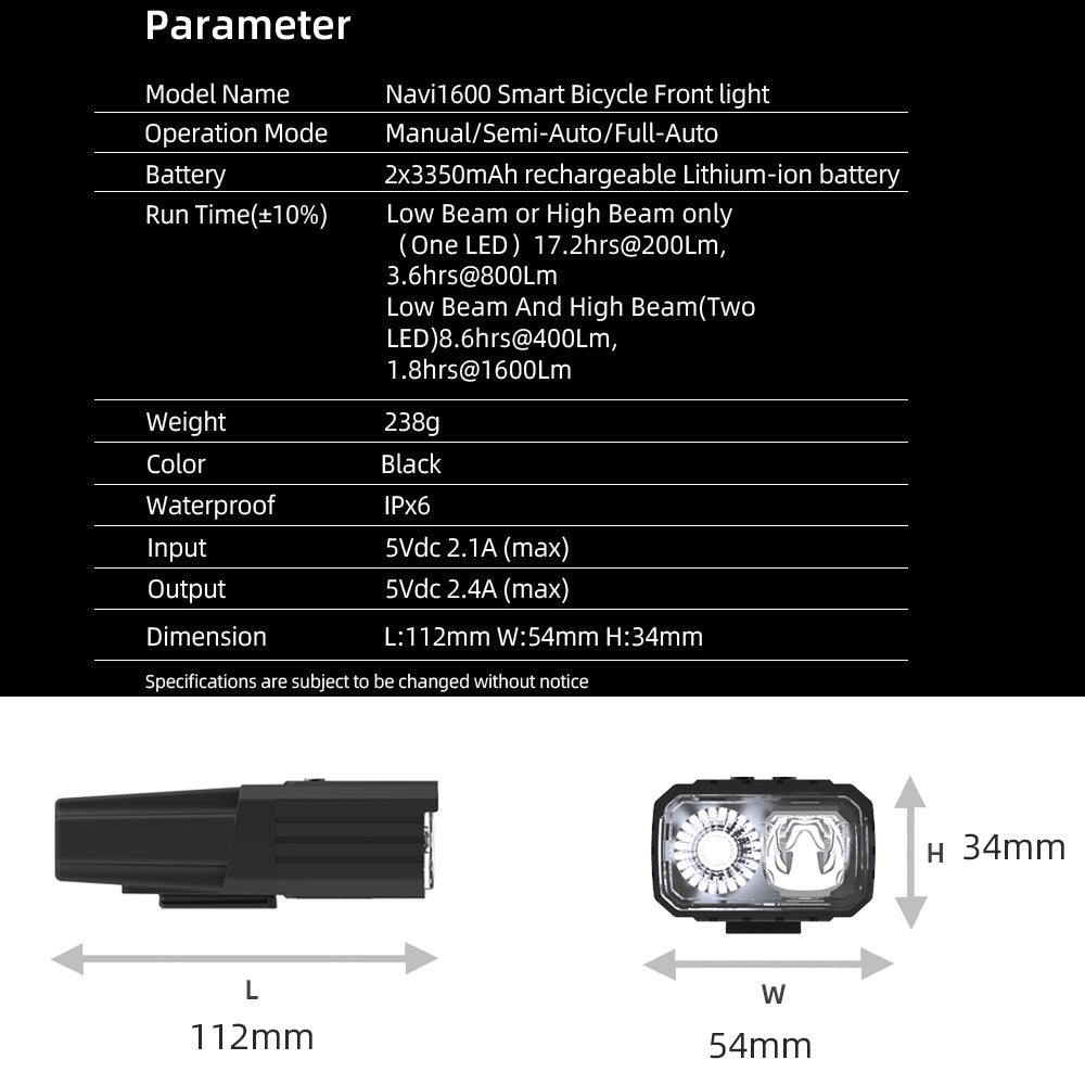 Technical specifications and dimensions of a Navi1600 Smart Bicycle Front Light on a black background.
