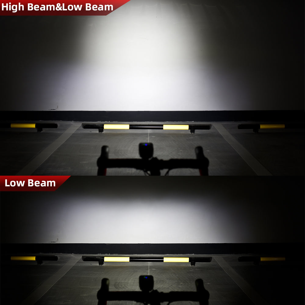 Comparison of high beam and low beam lights on a dark road.