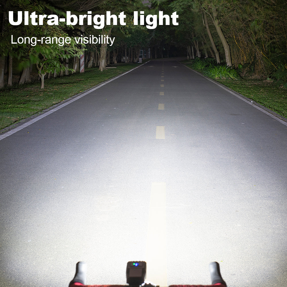 Road illuminated by a headlight with 'Ultra-bright light' and 'Long-range visibility' text.
