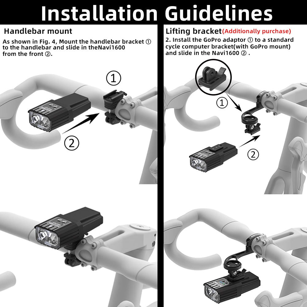 Installation guidelines for a handlebar mount on a bike, showing step-by-step instructions.