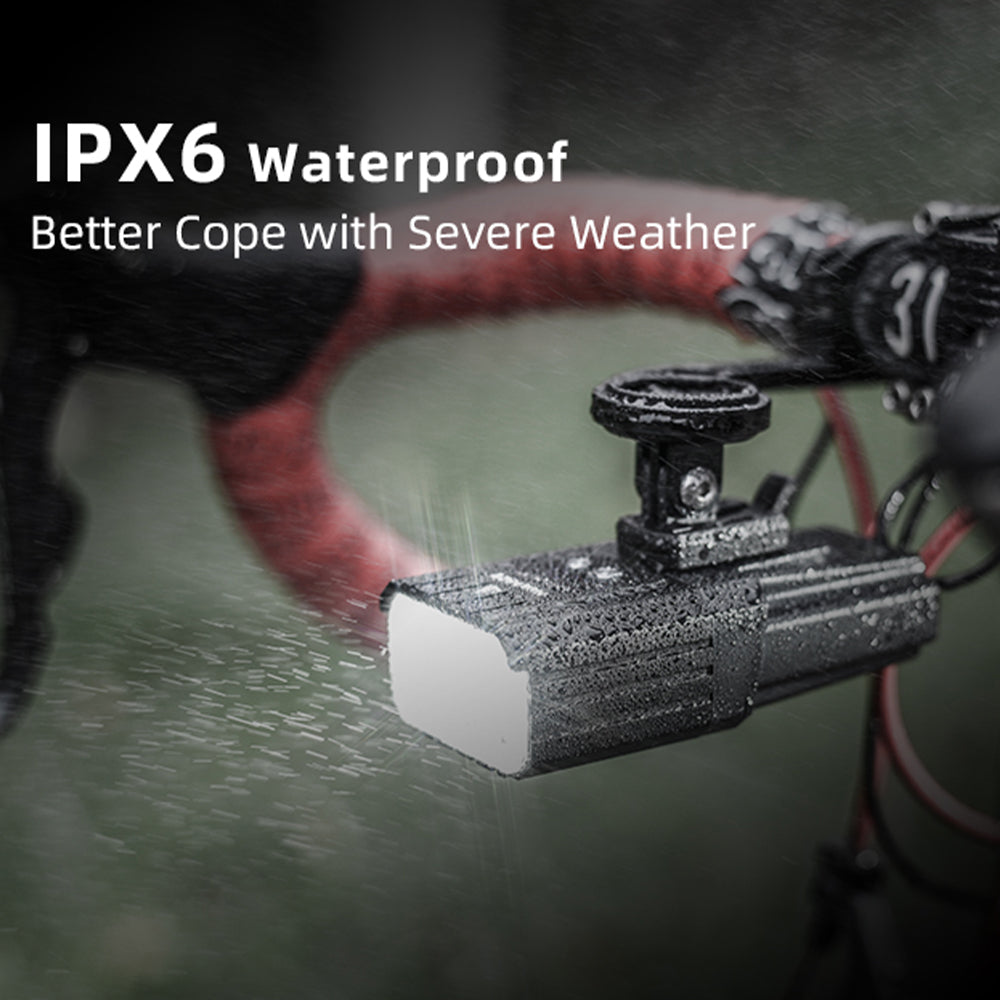 Waterproof device on a bicycle with IPX6 text indicating weather resistance.