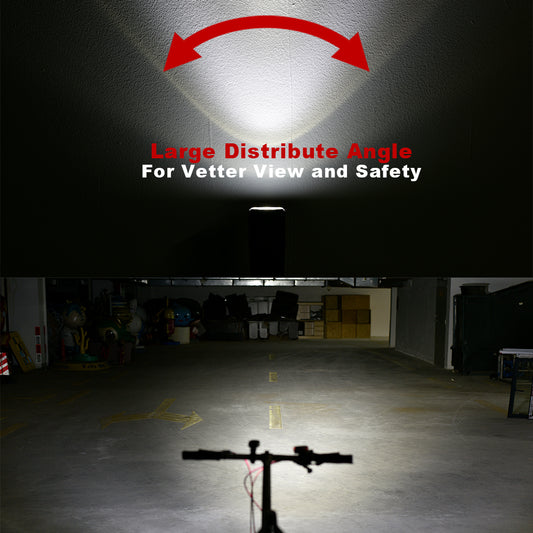 Light fixture with a large distribute angle for better visibility and safety, shown in a garage setting.