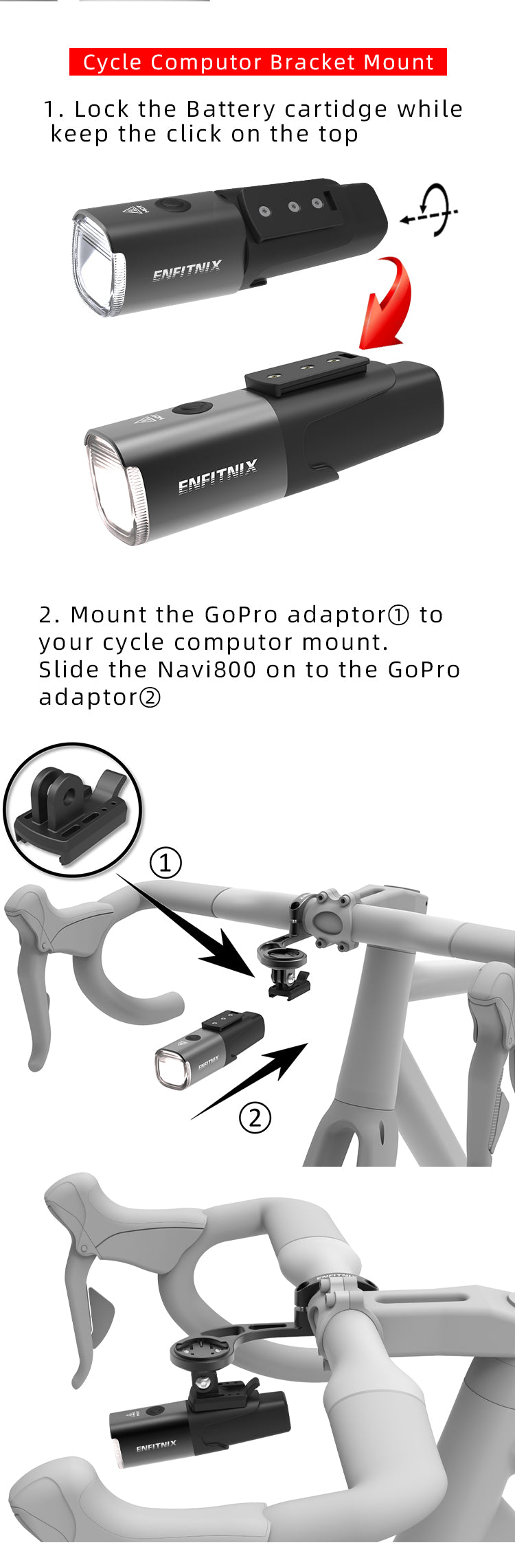 How to use the Navi800 bicycle headlight with the Go Pro adapter bracket and install the code table bracket