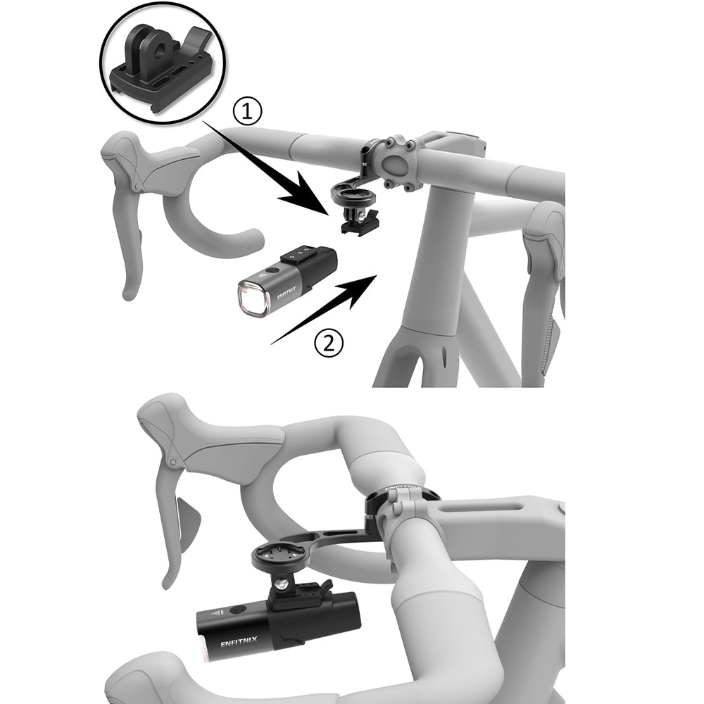 Illustration of a bike handlebar with a camera mount attached, showing two different attachment methods.