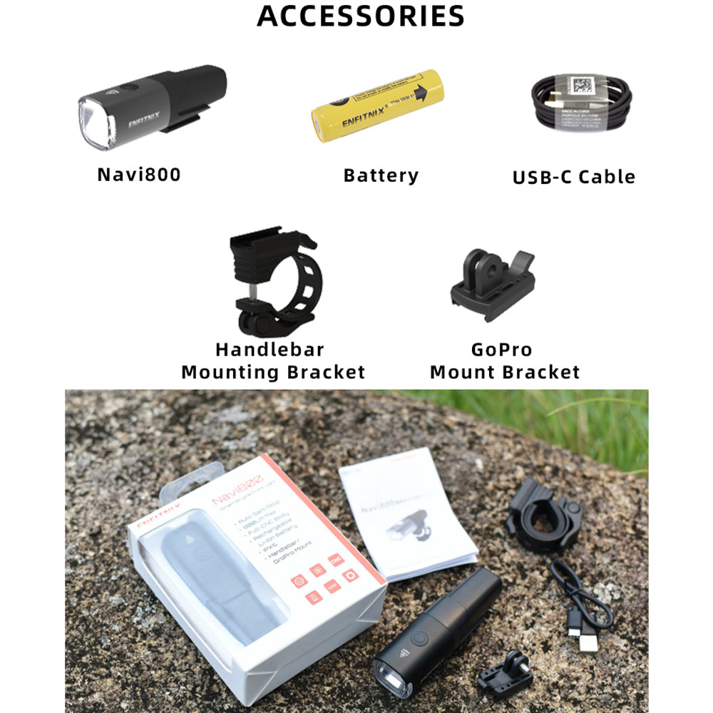 Collection of accessories including Navi800, battery, USB-C cable, handlebar mounting bracket, and GoPro mount bracket on a white background.