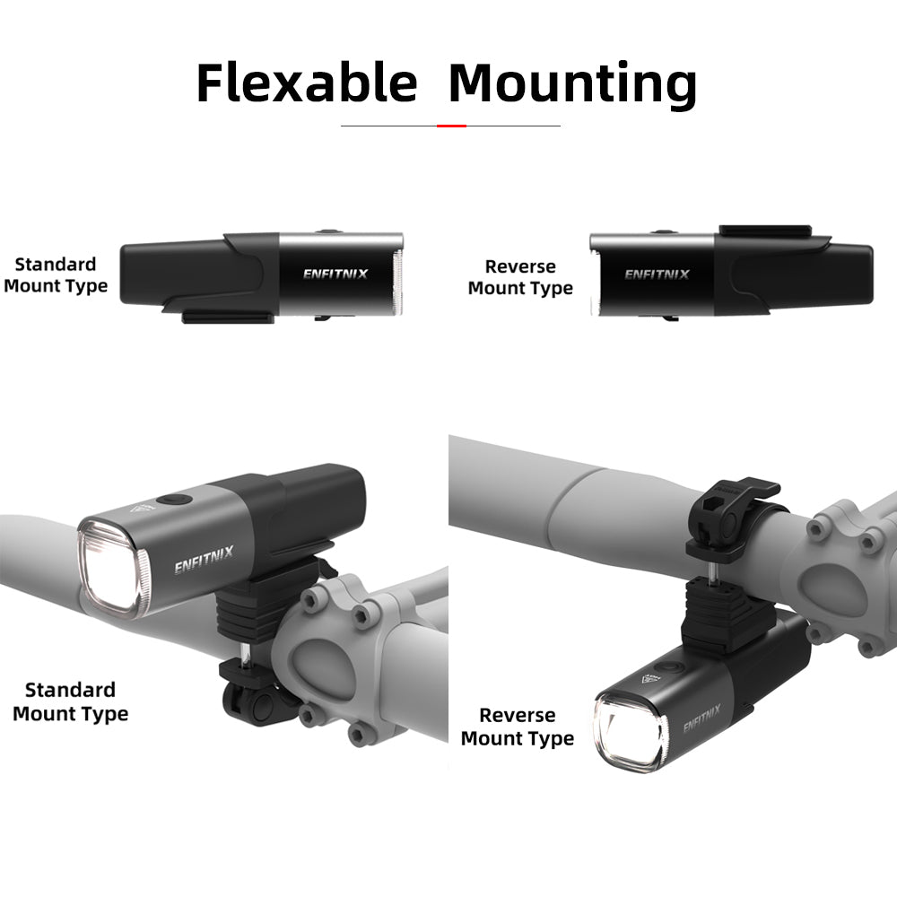 Shows two installation options for the bicycle front light: upright mount or under-handlebar mount, on a white background.