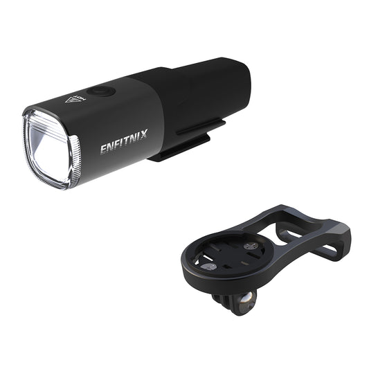 Black bike light with mount on a white background