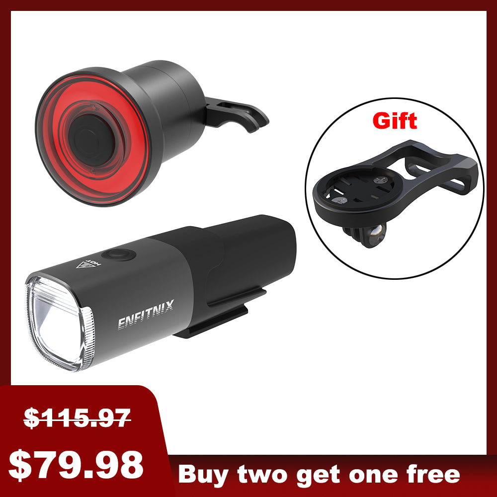 A set of Navi800 Smart Front Light and Tail Light for bicycles, displayed with price tags and indicating a gift included.