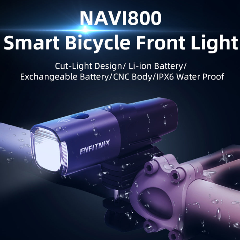 Smart bicycle front light with ENFITNIX branding on a dark background