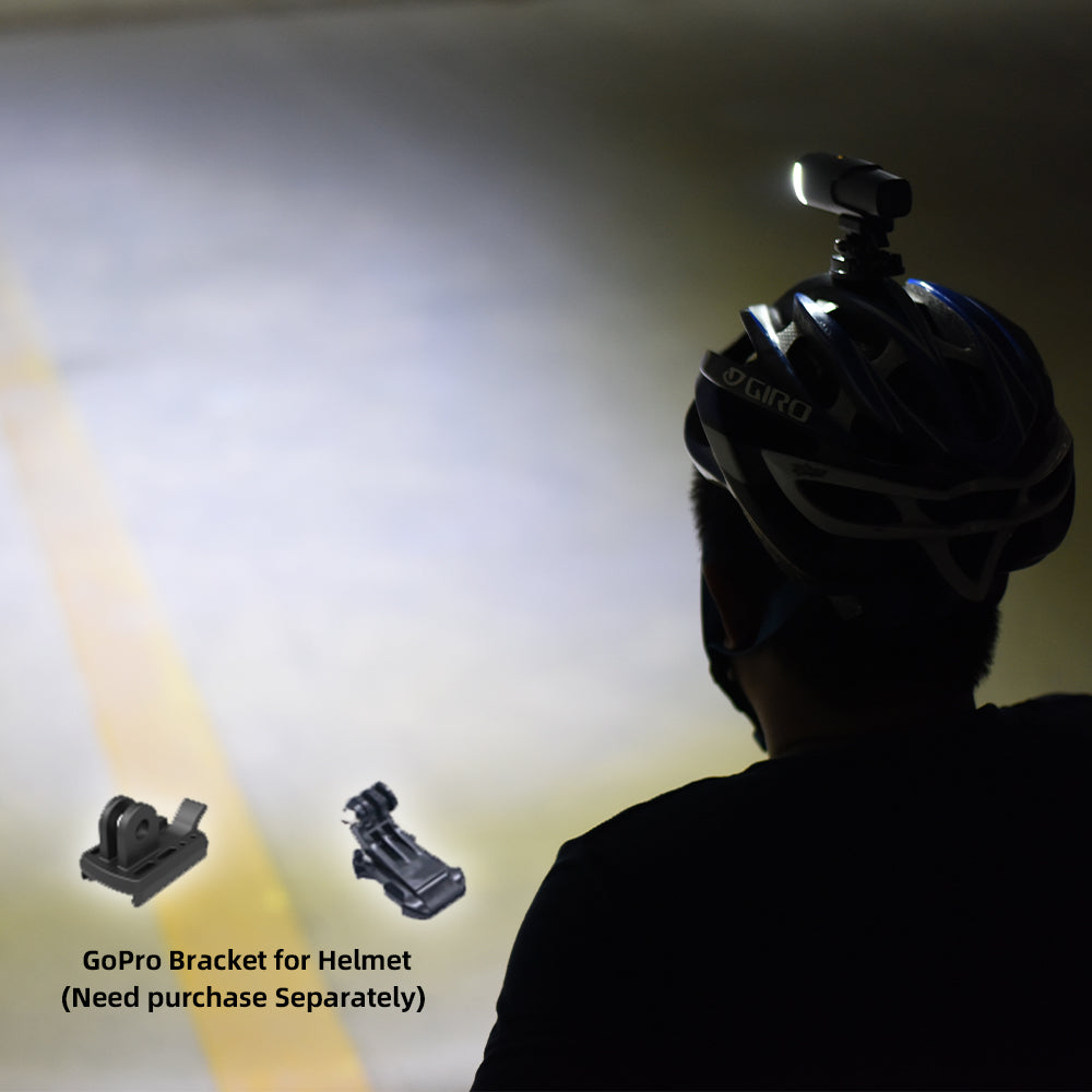 Person wearing a helmet with a camera attached, showing GoPro bracket for helmet.