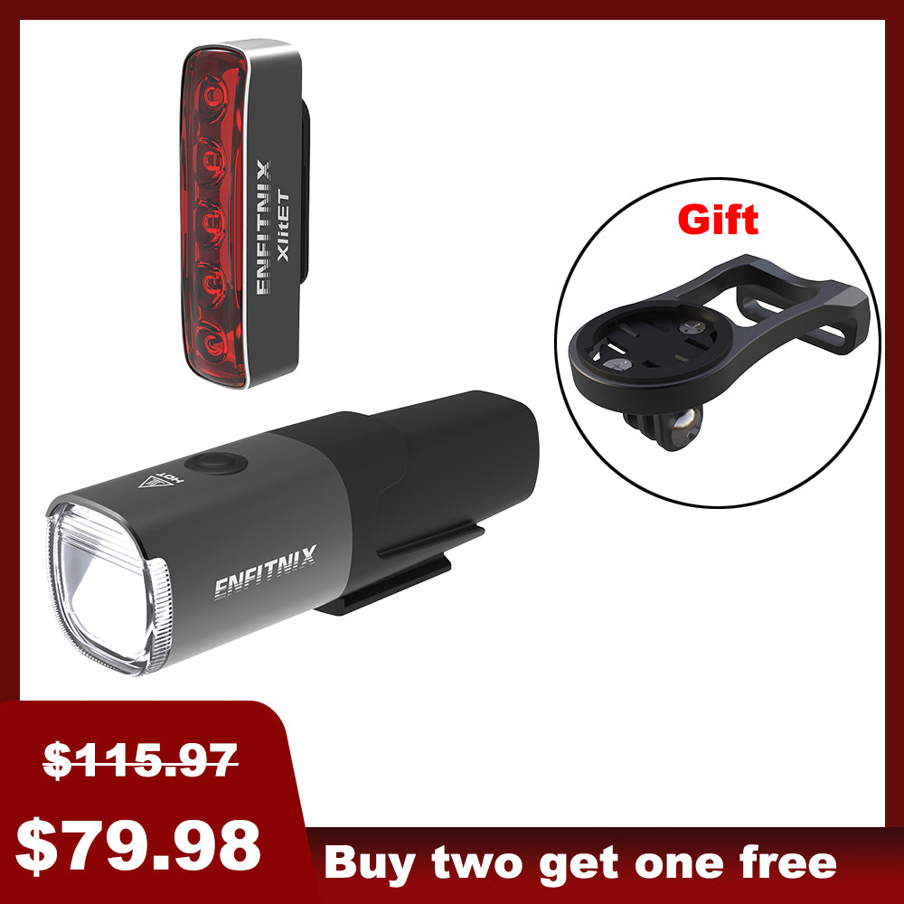 A set of Navi800 Smart Front Light and  XlitET Taillight for bicycles, displayed with price tags and indicating a gift included.