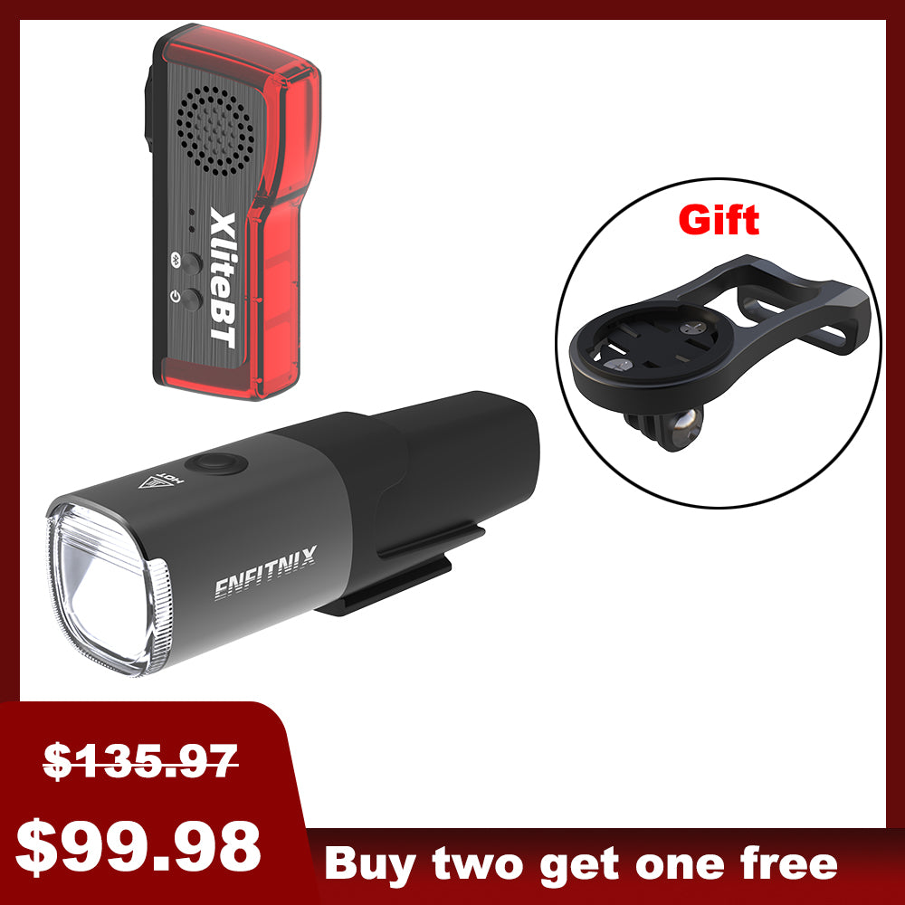 A set of Navi800 Smart Front Light and XliteBT anti theft taillights for bicycles, displayed with price tags and indicating a gift included.