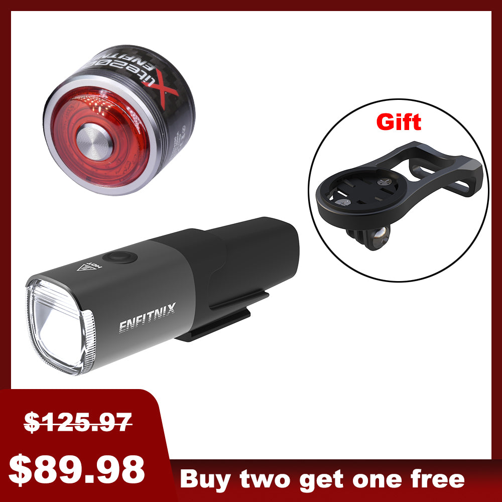 A set of Navi800 Smart Front Light and  silvery Xlite200 Tail Light for bicycles, displayed with price tags and indicating a gift included.