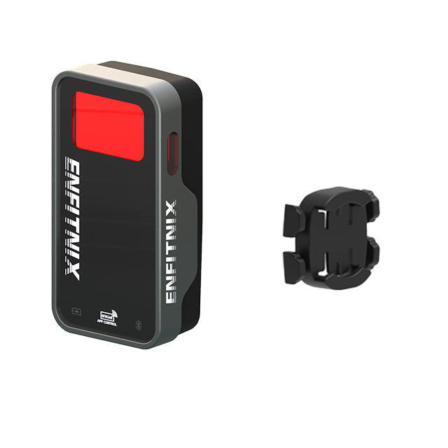 Black electronic device with red screen and mount bracket on a white background