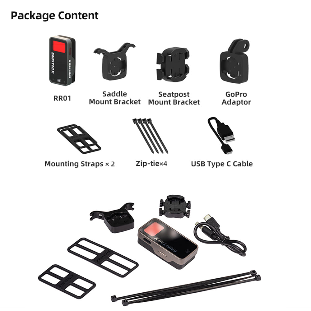 List of package content including RR01, saddle mount bracket, seatpost mount bracket, GoPro adapter, mounting straps, zip-ties, USB Type C cable, and XLR3F connector on a white background.