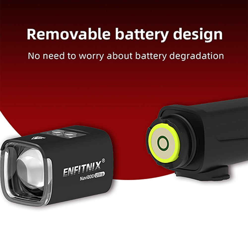 ENFITNIX bike light with detachable battery on a red and white background