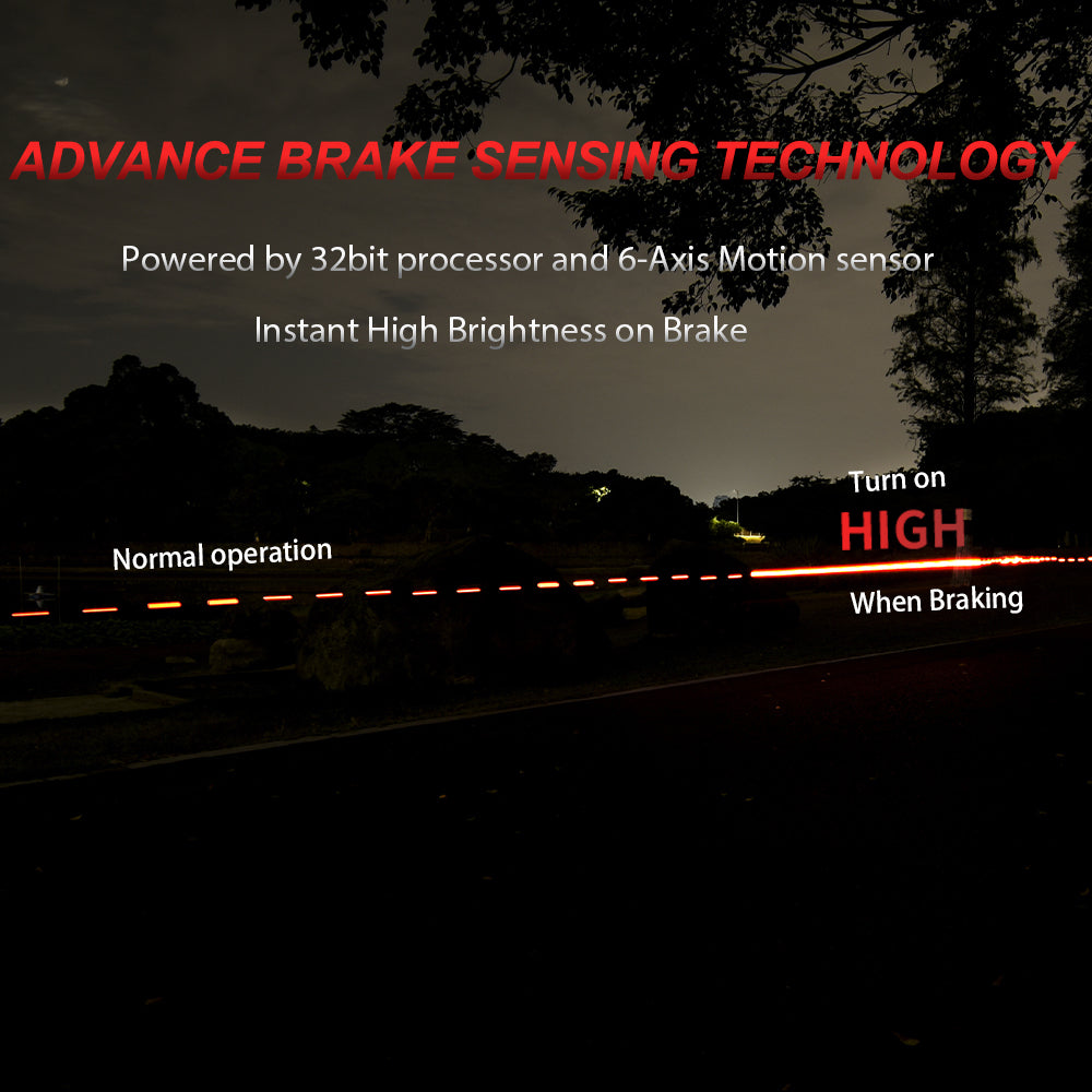 Advertisement for advance brake sensing technology with text and brake light display.
