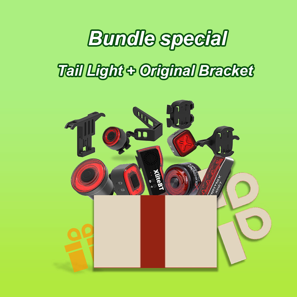 A collection of bicycle tail lights and brackets displayed in a box, indicating a bundle special offer for a tail light and original bracket.
