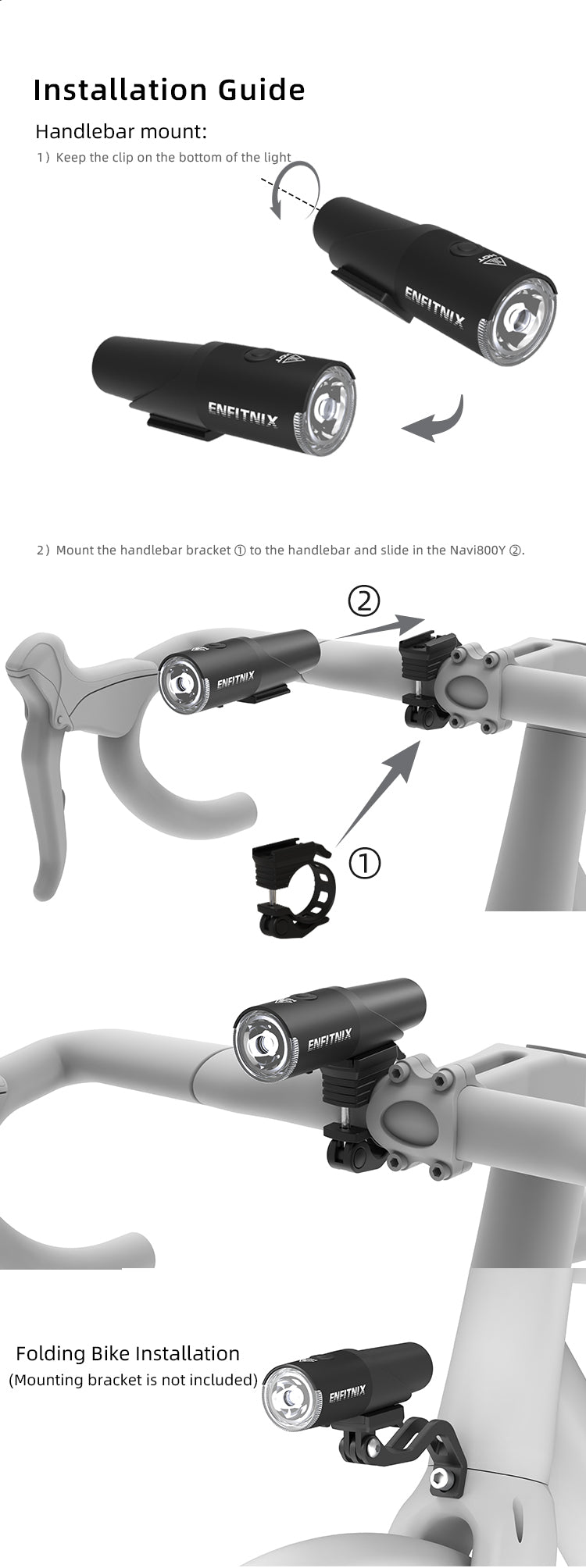 The Navi800Y bike light features versatile mounting solutions including handlebar quick-clip, GoPro-compatible interface, helmet adhesive base, and universal strap system for multi-position installation.