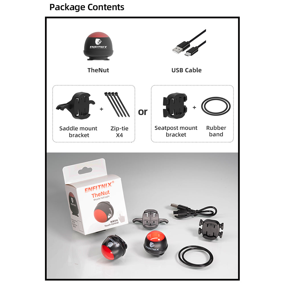 Package contents list with 'TheNut' device, USB cable, and mounting accessories on a white background.