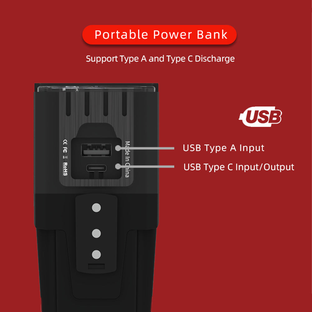 Portable power bank with USB Type A and Type C inputs on a red background