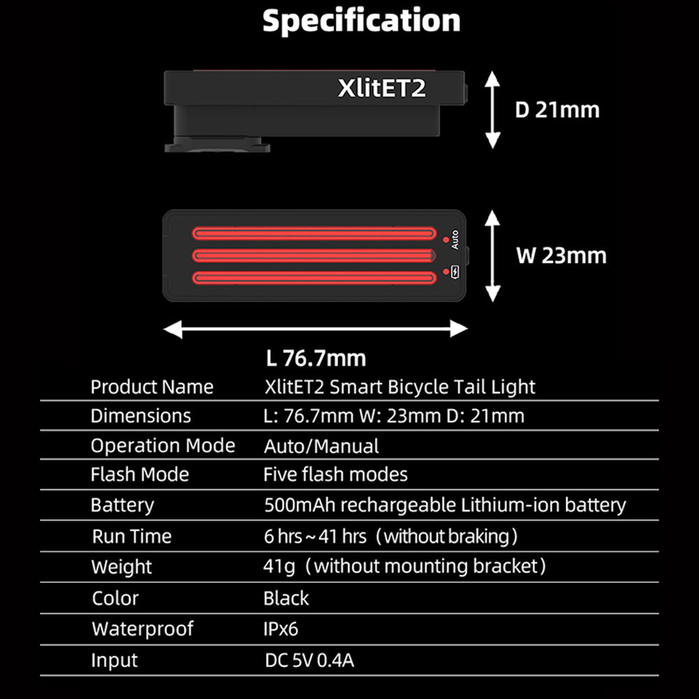 Technical specifications of XlitET2 Smart Bicycle Tail Light on a black background