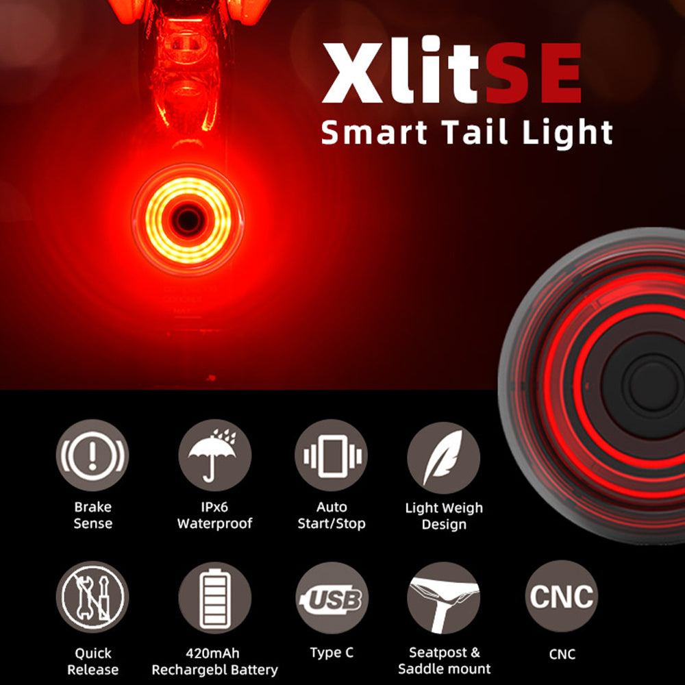XlitSE smart tail light with features listed on a black background