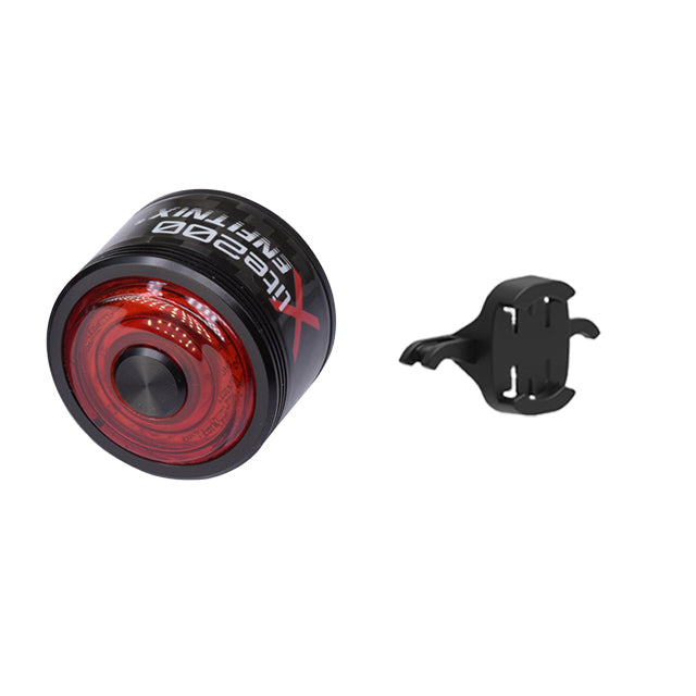 Red bike tail light with a black mount on a white background