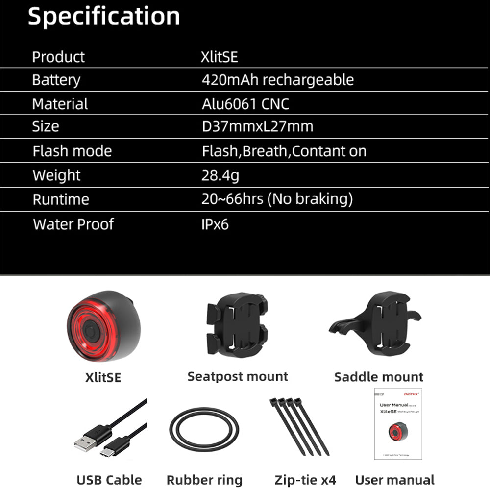 Product specifications and accessories for XlitSE on a black background