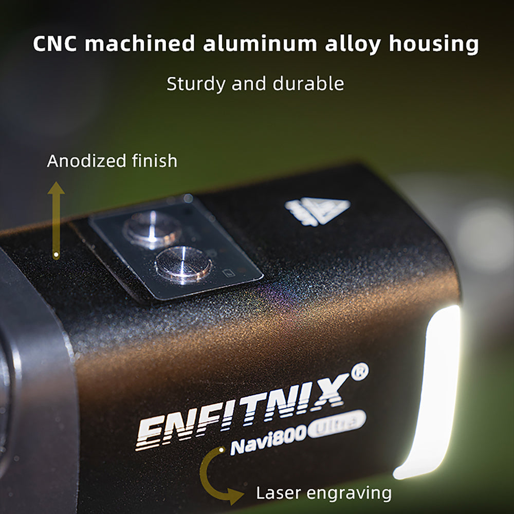 Close-up of a bike flashlight with ENFITNIX branding and text highlighting features like CNC machining and anodized finish.