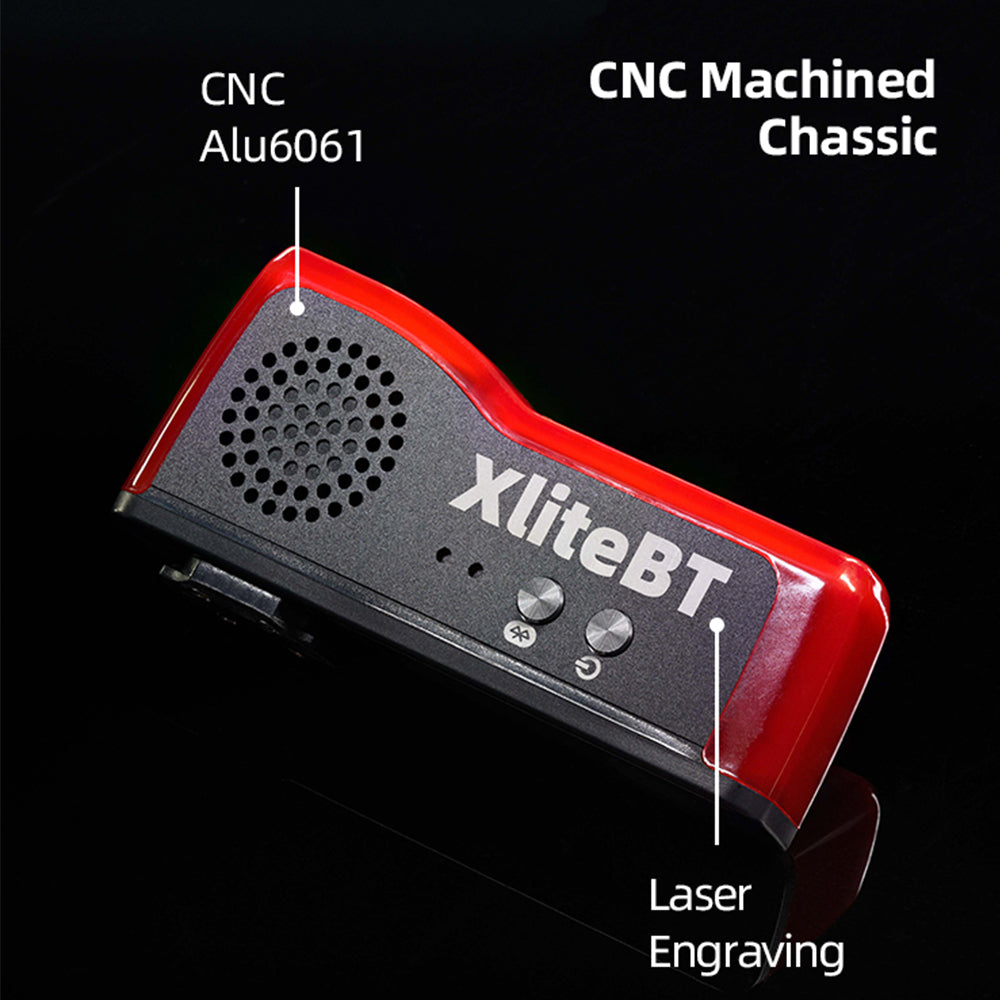 XliteBT device with CNC machining and laser engraving on a black background