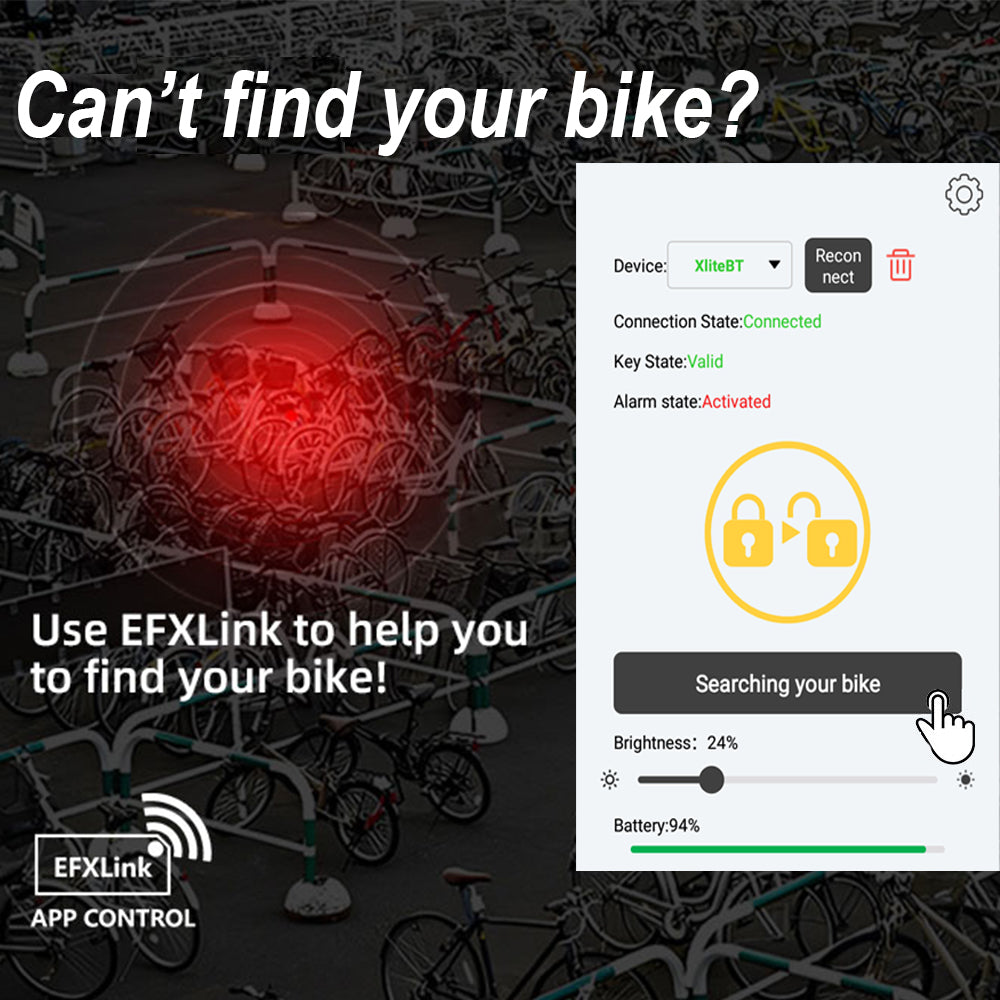 EFXLink app interface for finding a bike with bicycles in the background