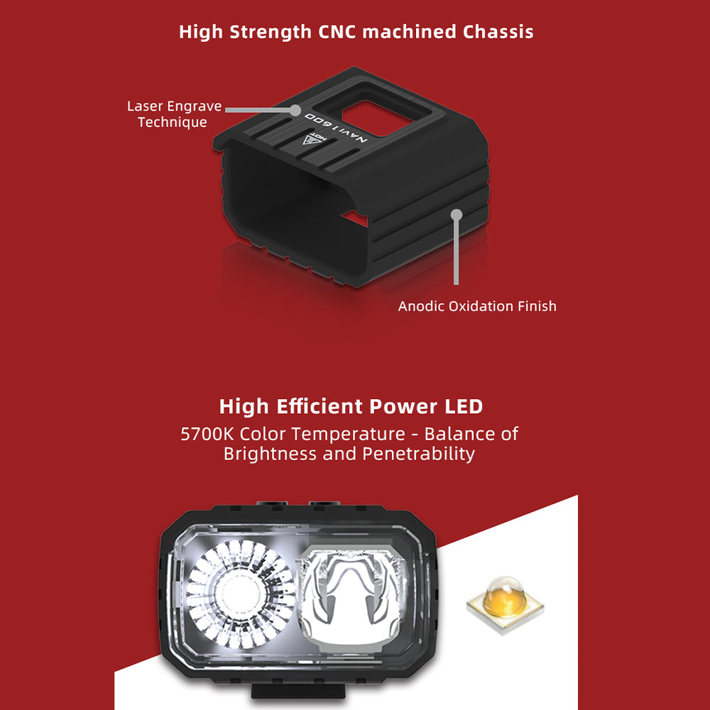 Product features including high strength CNC machined chassis and high efficient power LED on a red background.