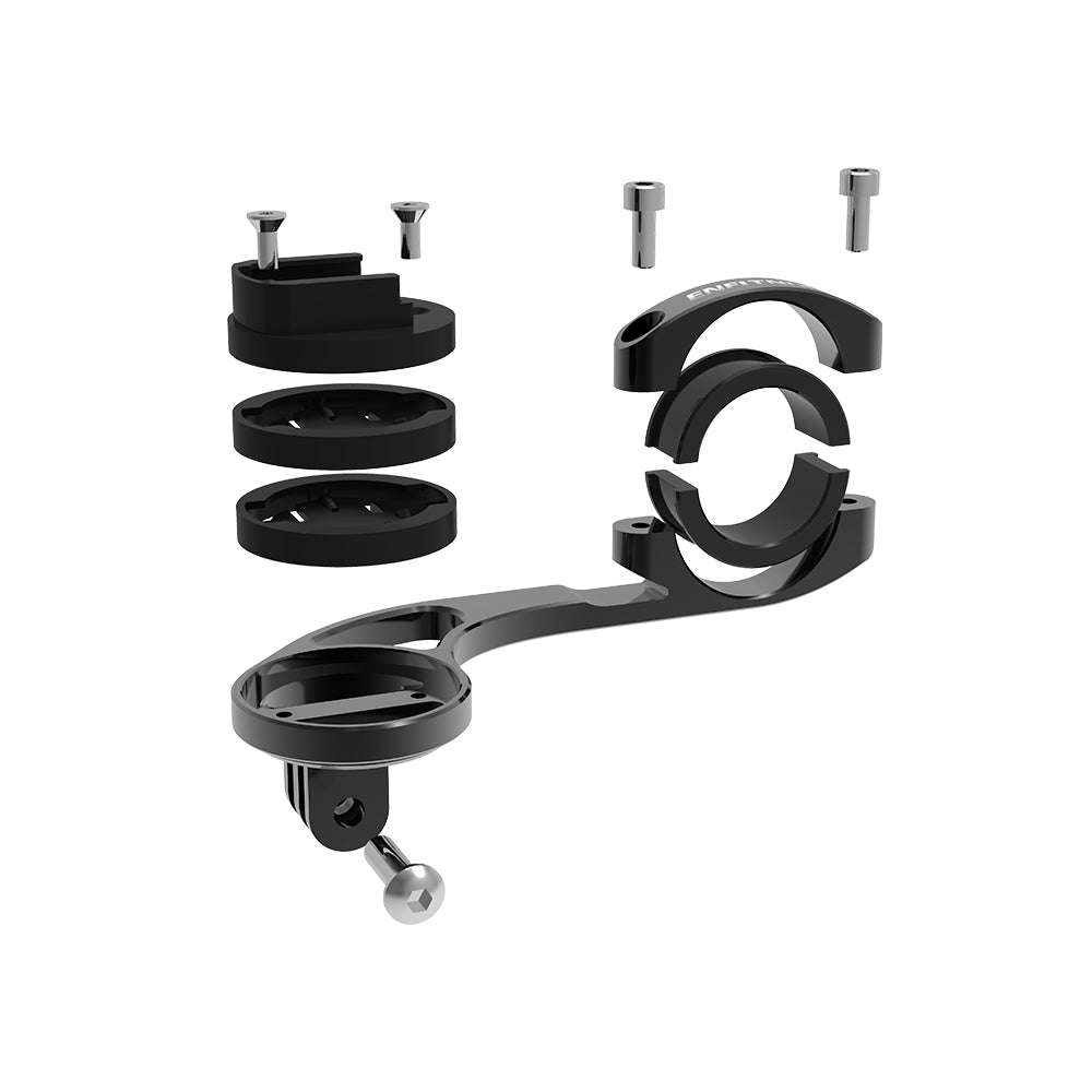 Black metal mounting bracket with attached components on a white background