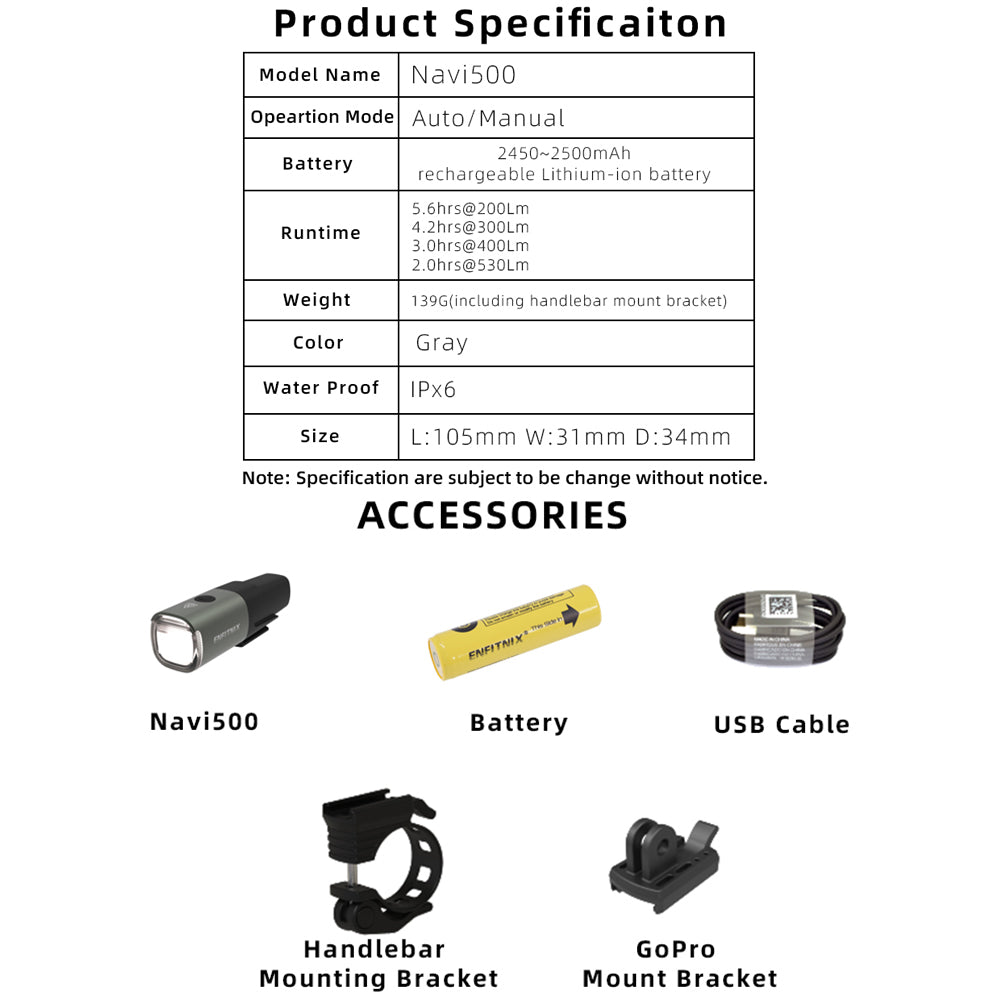 Product specification table for Navi500 device with accessories listed below.