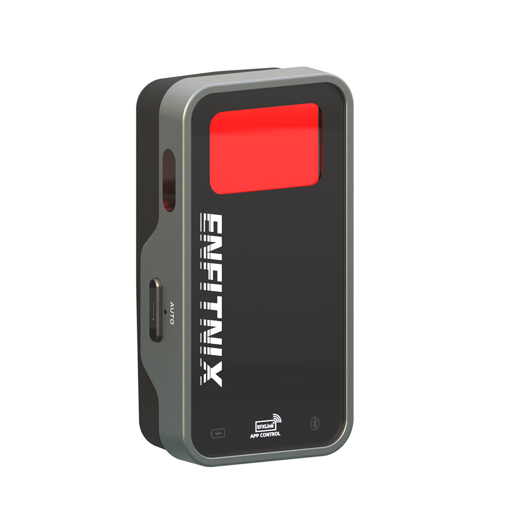 Black and gray electronic device with a red light on a white background