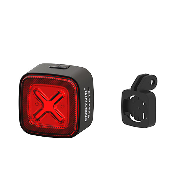 Bicycle tail light with red lens and black housing on a white background