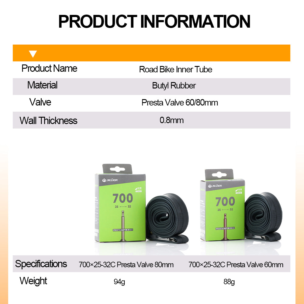 Product information for road bike inner tubes with packaging and specifications.