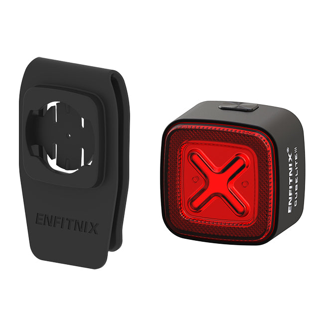 Black and red Enfitnix bike light on a white background