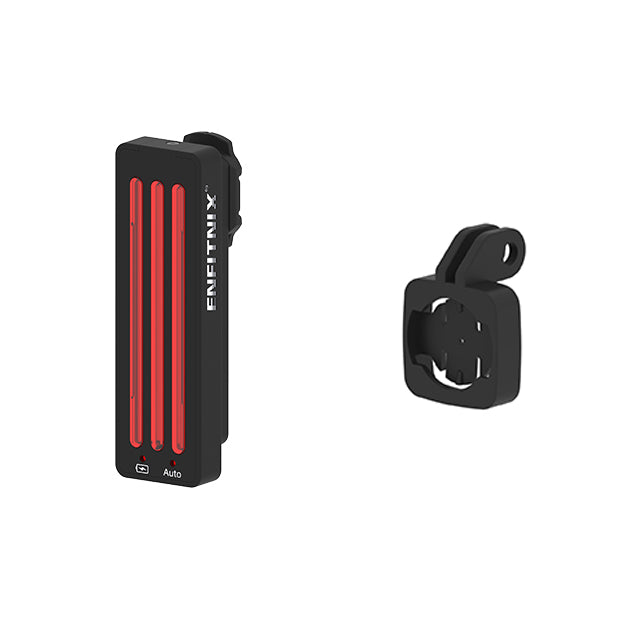 Black and red light device with a mounting bracket on a white background